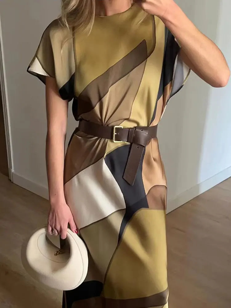 2024 Summer Women Dress Fashion Vintage Print O-Neck Midi Dress Waist Cinched Casual Chic Woman Elegant Dresses