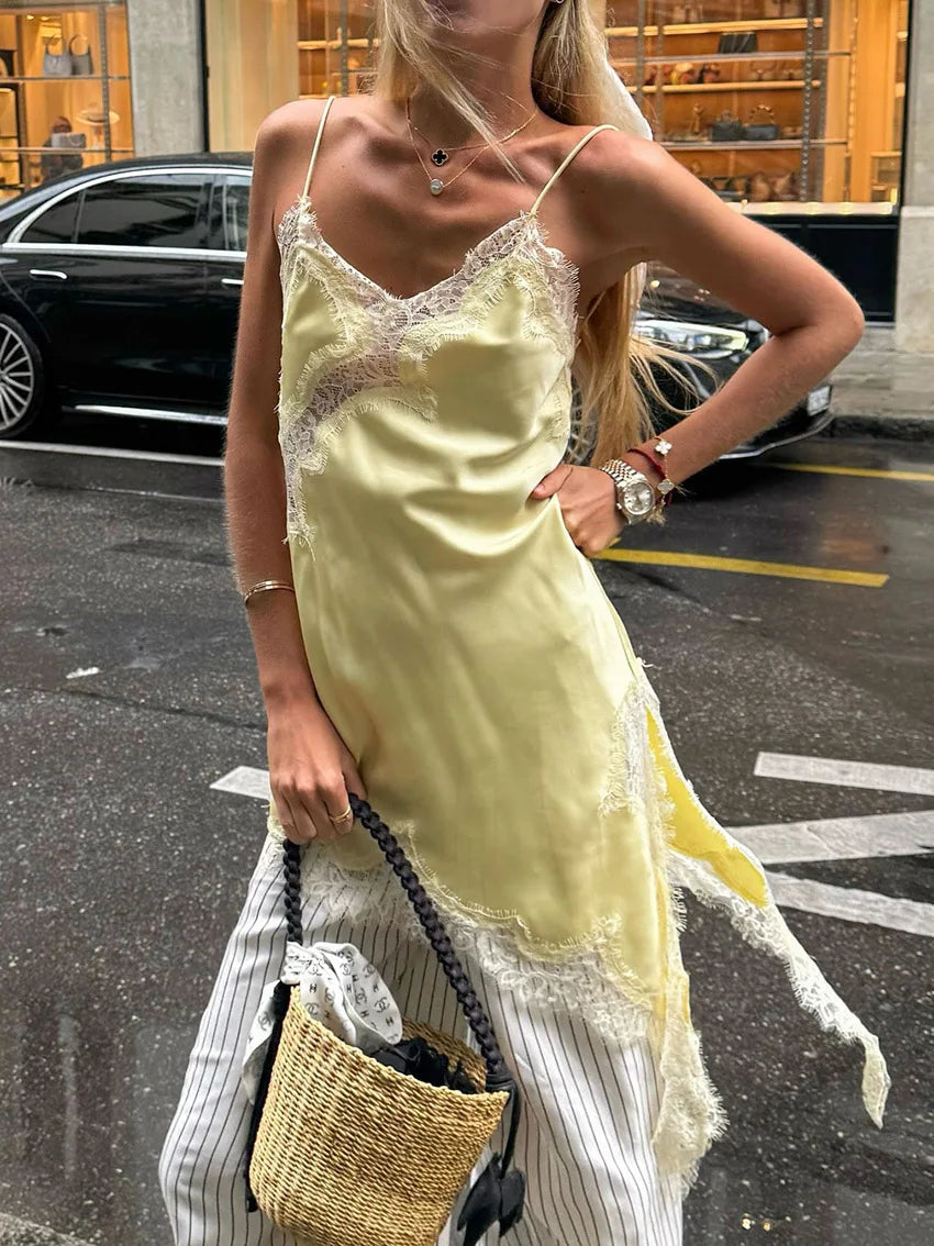 Satin Asymmetric Patchwork Lace Sexy Dress Women Elegant Sling Backless Split Black Dress Female Party Club Dress Streetwear