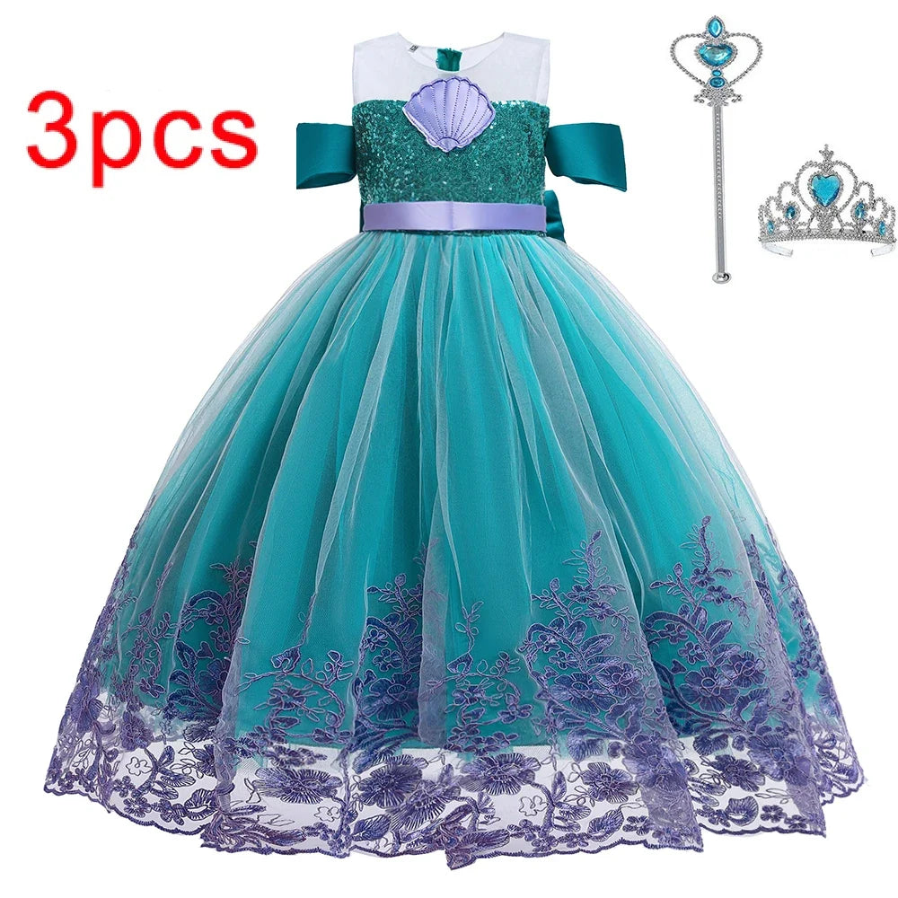 Little Mermaid Ariel Princess Costumes Young Girls Purple Dress Kids Cosplay Carnival Gown Birthday Tutu Dresses Summer New Wear