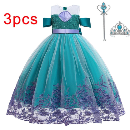 Little Mermaid Ariel Princess Costumes Young Girls Purple Dress Kids Cosplay Carnival Gown Birthday Tutu Dresses Summer New Wear