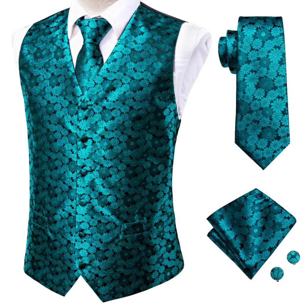 Navy Blue Mens Silk Vests Business Paisley V-Necl Waistcoat Tie Hanky Cufflinks Brooch Set for Men Suit Wedding Formal Hi-Tie
