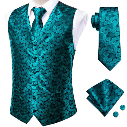 Luxury Gold Black Mens Vests Print Jacquard Waistcoat Tie Hanky Cufflinks Brooch Set for Men Wedding Formal Business Hi-Tie