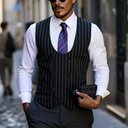 Man Suit Vest Vintage Striped Double-breasted Men Waistcoat British Style Slim Sleeveless Casual Versatile Male Vest