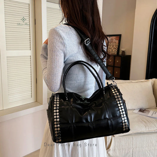 New Y2K Fashion Retro Rivet Tote Bag Women's High-end Handbag Large Capacity Motorcycle Shoulder Bag Daily Commute Crossbody Bag