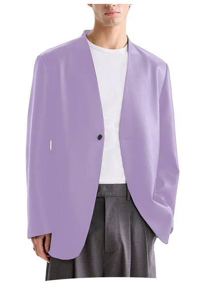 Luxury Men's PU Leather Blazer Collarless Jacket Loose 1 Button Elegant Solid Color Coat for Party Wedding Office Daily Wear