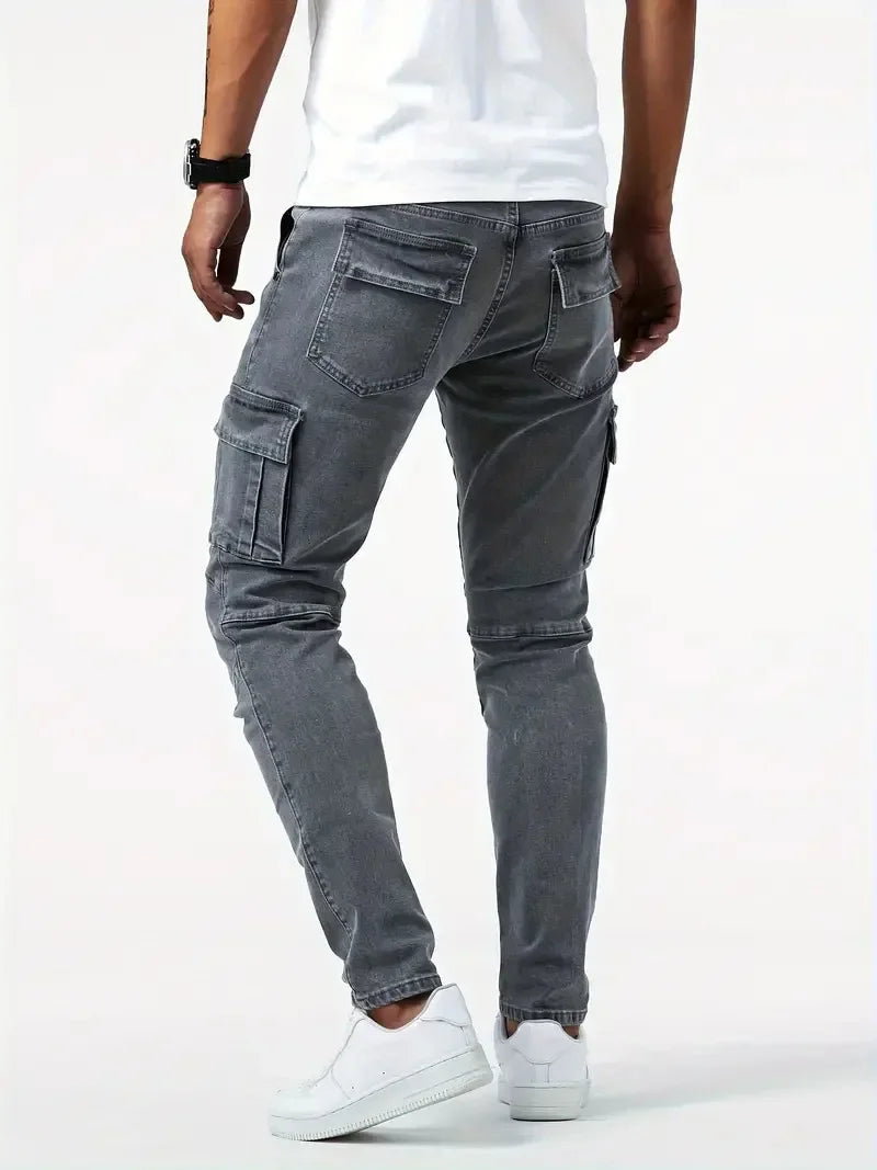 Street Elastic Jeans Men Denim Cargo Pants Wash Solid Color Multi Pockets Casual Mid Waist Trousers Slim Fit Daily Wear Joggers