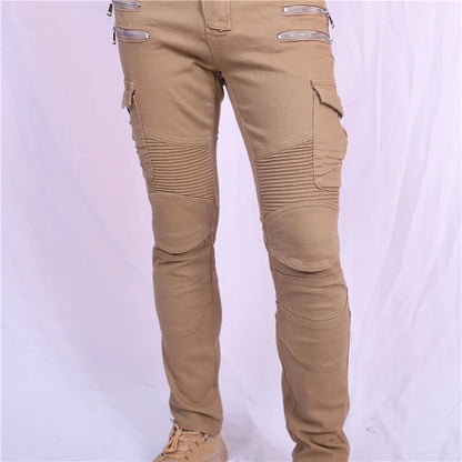 Double zipper Decoration Metal Style Motorcycle Leisure Motorcycle Men's Outdoor Riding Jeans Slim Pants With Protect Gears