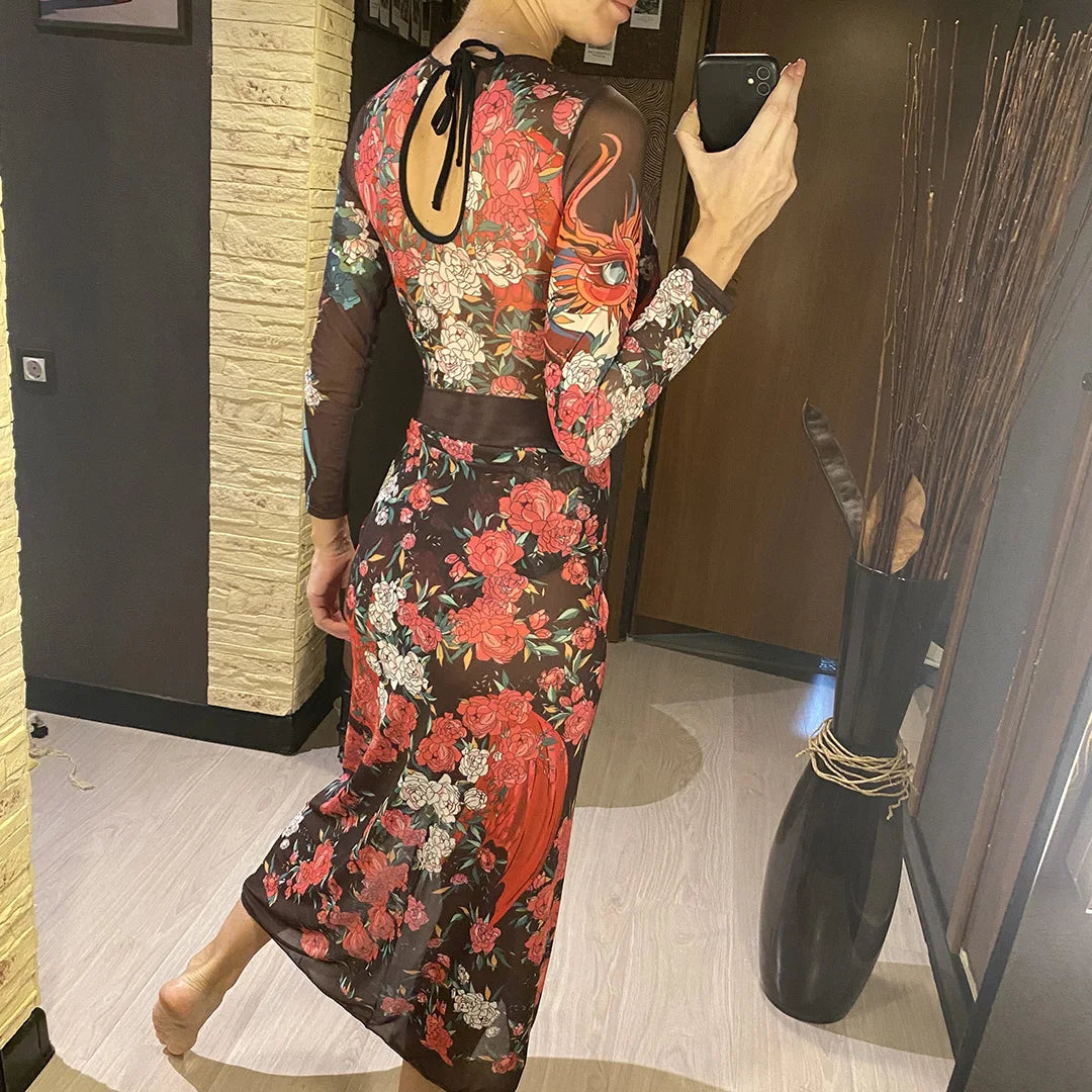 S - XXL Printed Long Sleeve With Sarong One Piece Swimsuit Women Swimwear Female Flowers Padded Bather Bathing Suit Swim V7181