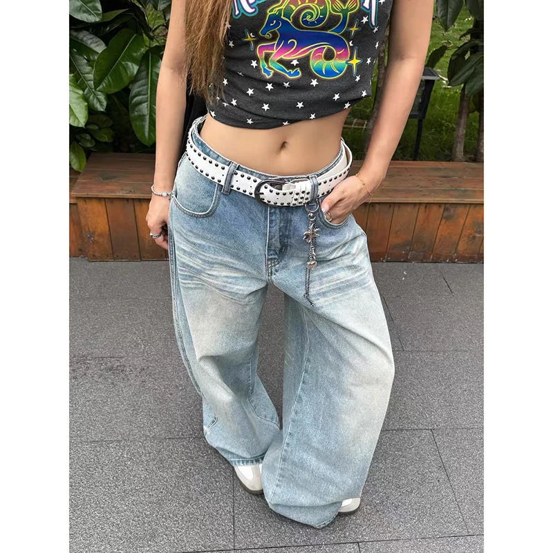 Vintage Y2k Embroidery Jeans Women Blue High Waist Straight Baggy Denim Trousers American Retro 90s Street Wide Leg Jeans