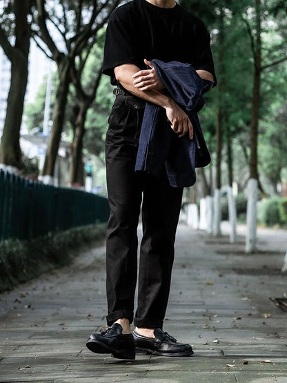 Four Seasons Commuter Italian Vintage Neapolitan Paris Button Casual Pants Cotton Loose Straight Leg Trousers