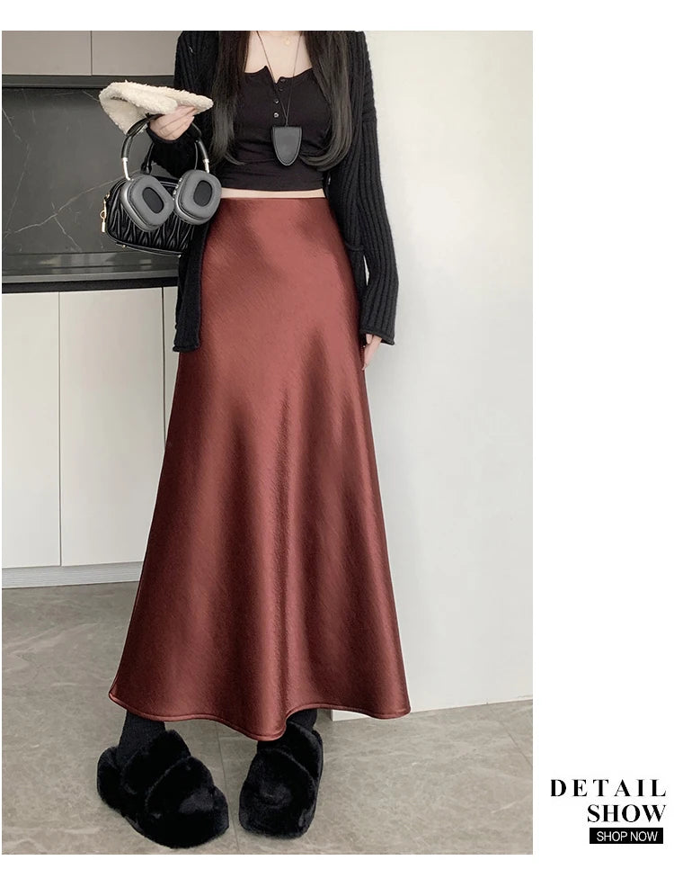 New Autumn Winter Solid Satin Silk Mermaid Skirt Women Fashion High Waist Office Ladies Work Warmth Party Long Maxi Skirt