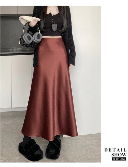 New Autumn Winter Solid Satin Silk Mermaid Skirt Women Fashion High Waist Office Ladies Work Warmth Party Long Maxi Skirt