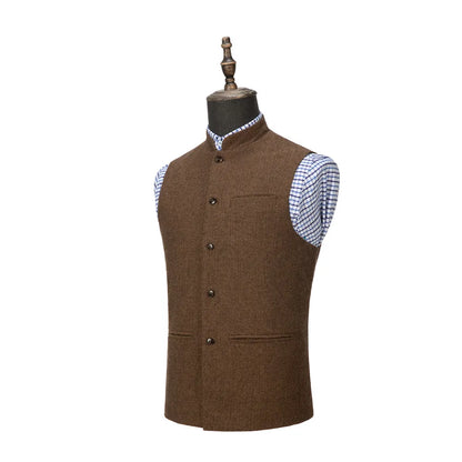 Men's Suit Vest Elegant Sleeveless Stand Collar Business Button Slim Fit Herringbone Waistcoat For Wedding