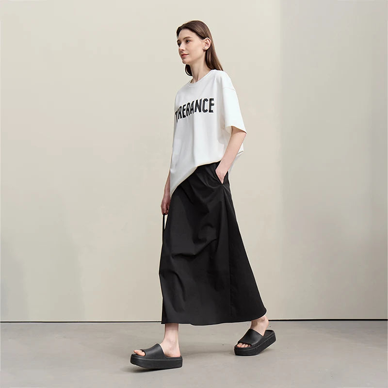Women's Skirt 2026 Summer New Leisure Elastic Waist Slit A-Line Midi Skirt Women's Loose Embroidered Woman Clothes 12621058