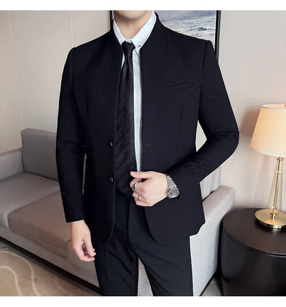 Waffle New Chinese Stand-Up Collar Suit Coats Men Slim Fit Business Casual Fashion Suits Jacket Formal Social Prom Party Tuxedos