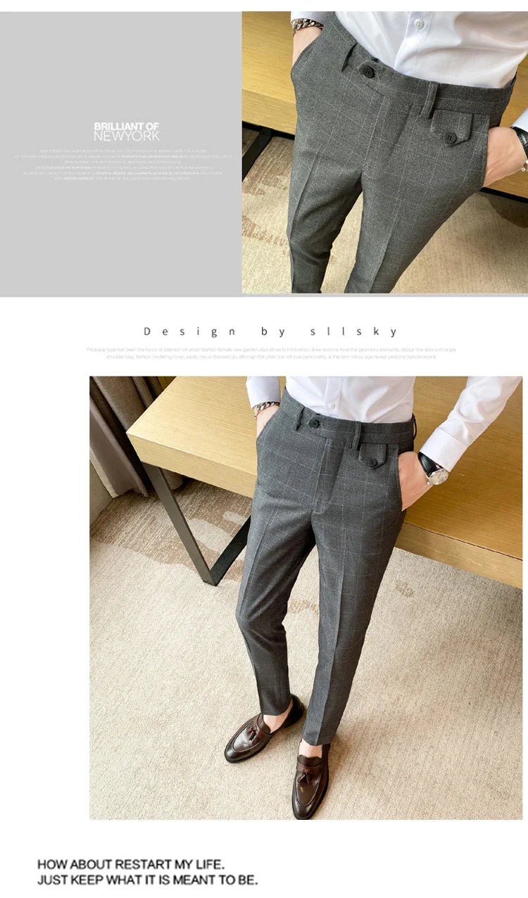 Boutique Classic Plaid and Striped Fashion Men's Casual Business Slim Suit Pants Groom Wedding Dress Trousers Party