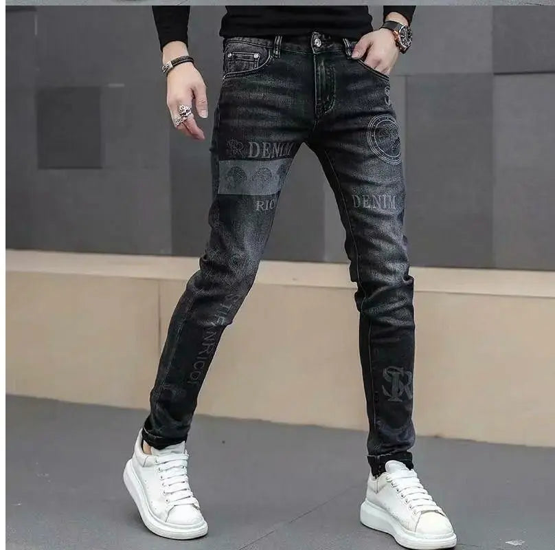 High End Stylish Classic Distinctive Printed Black Stretch Denim Jeans for Men High Quality Slim Fit Stretch Luxury Denim Pants