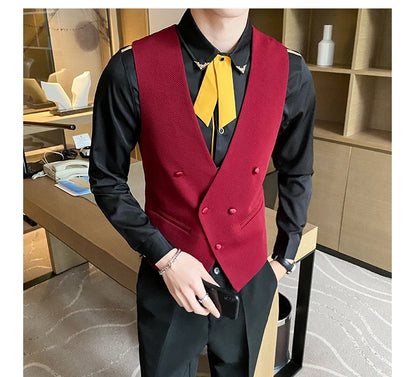 2025 New Fashion Men's Double Breasted Gentleman Dress Casual Vest Fashion Nightclub Bartender Work Clothes V Neck Vest Jacket