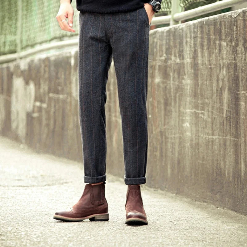 Retro British Wool Herringbone Casual Pants for Men, Thick Loose Plaid Pants for Autumn and Winter, Large Size Woolen Pants