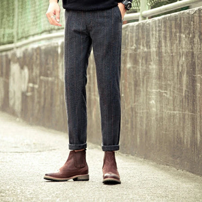 Retro British Wool Herringbone Casual Pants for Men, Thick Loose Plaid Pants for Autumn and Winter, Large Size Woolen Pants