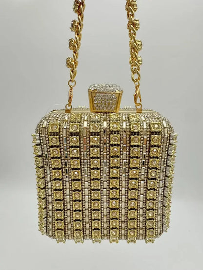 Handmade Diamond Encrusted Square Clutch Evening Bag Small Size Portable Sparkling Polyester Fiber Dinner Bag for Women