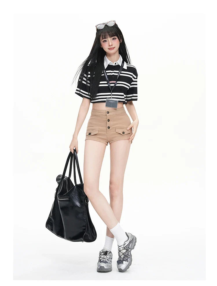 Pure Desire Slim Hip Hugging Hot Pants Old Money Style Hip Enhancing Multi Button High Waist Tight Summer New Denim Shorts