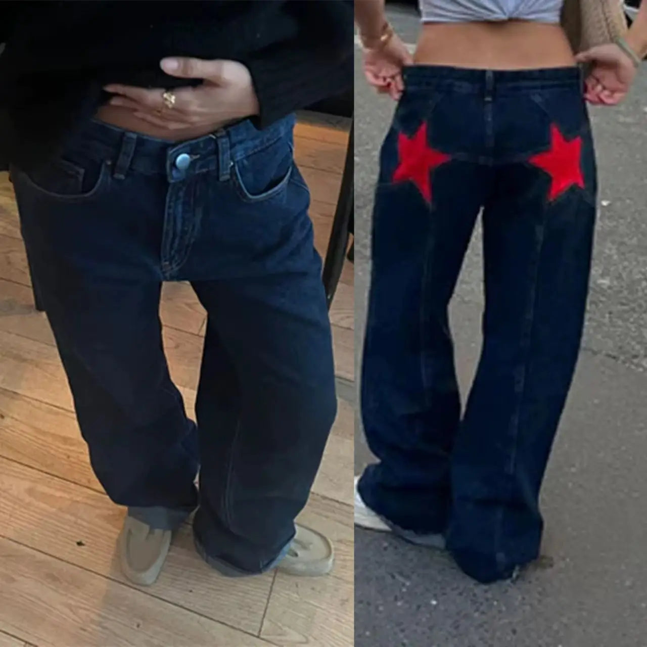 European and American Leopard Print Star Patch Jeans Street Women's High Waist Jeans Fashion Clothing Vintage Straight Trousers