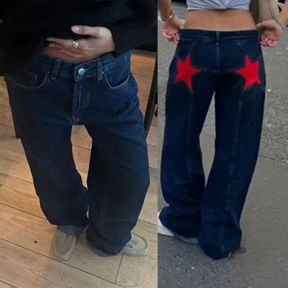 European and American Leopard Print Star Patch Jeans Street Women's High Waist Jeans Fashion Clothing Vintage Straight Trousers