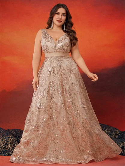 Plus Size Luxury Deep V-Neck Sequins Blue Evening Dress Women Elegant V-back Wedding Party Long Prom Cocktail Dresses