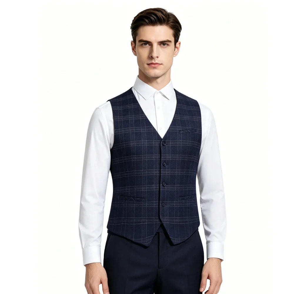 Plus Size Men Vest Checkered Single Breasted Waistcoat For Host Groom Groomsmen Check Formal Suit Vest for Office Wedding Party