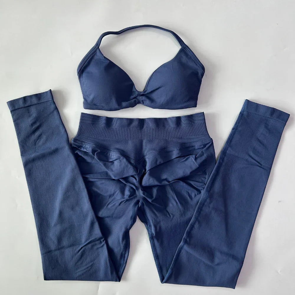 2 Pieces Set For Woman Strappy Yoga Bra Sports Top Workout Leggings Set Seamless Gym Set Fitness Clothes Outfit Activewear