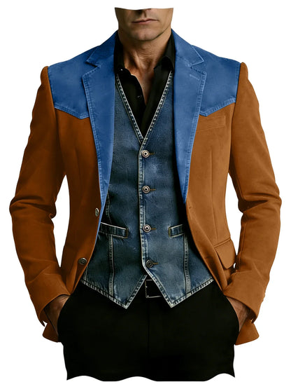 Men's Vintage Suede Blazer Notch Lapel 2 Button Denim Shoulder Collar Patch Jacket Business Casual Daily Wear Coat for Gentlemen