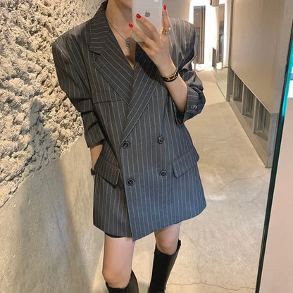 Ele Stripe Loose Faionable Suit Jaet with Belt Hong Kong Sle Retro Chic Top Women's Busin Casual Outerwear