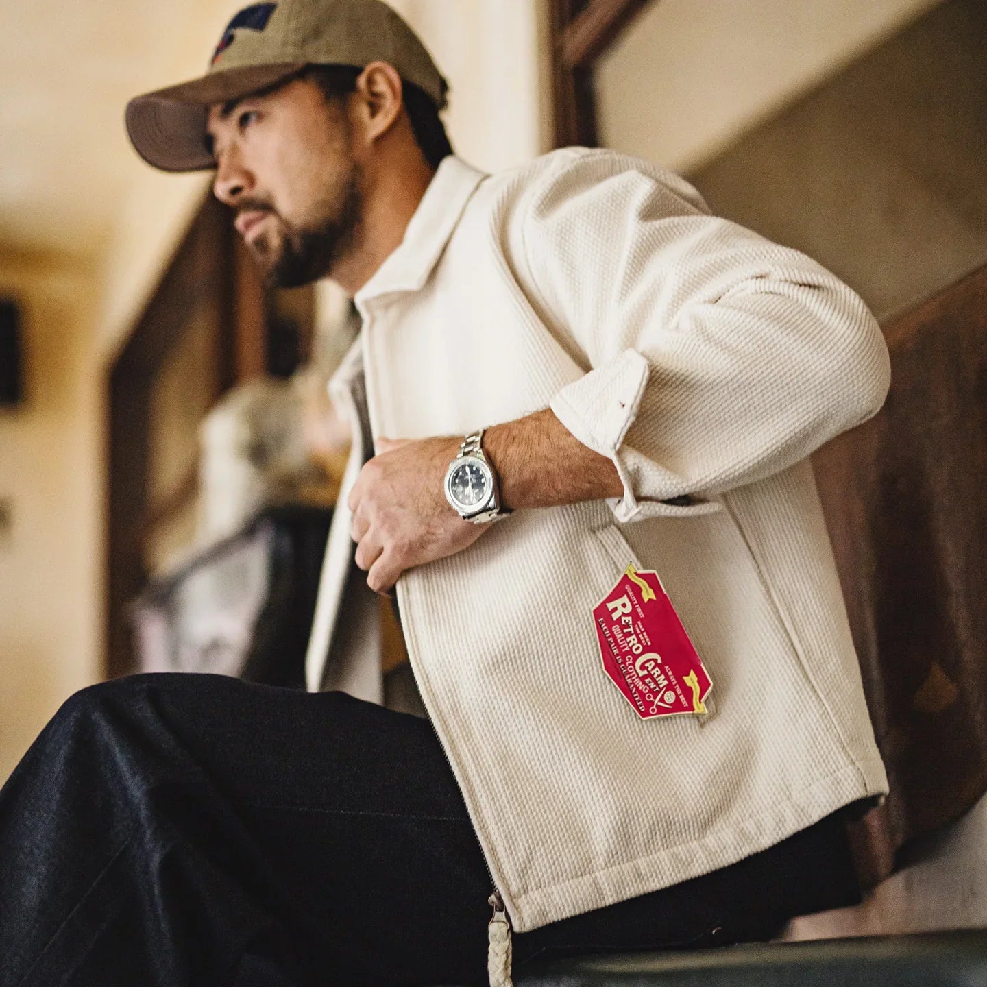 Men's Vintage White Jacket Heavyweight Cotton Turn-Down Collar Zip-Up Short Outwear Canvas Fitted Fit Spring Autumn Coat
