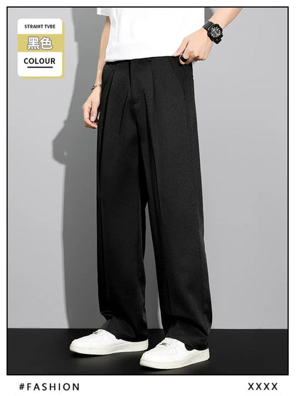 Men's 2026 Summer Korean Style Loose Straight Leg Draping Lightweight Casual Pants Slacks Khaki Dark Gray Black Trousers Male