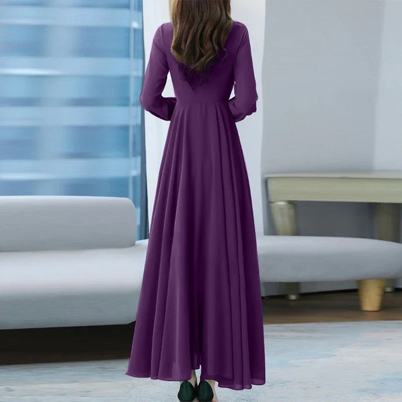 Women Long Sleeve A-line Sundress Spring Long Dress Autumn Solid Party Holiday Maxi Dresses Vestidos Femme Vintage Robe