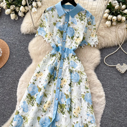 Embroidery Flower Vacation Dress French Style Blet Lapel Slim High Quality Hollow Out Ladies Elegant A-line Long Dress