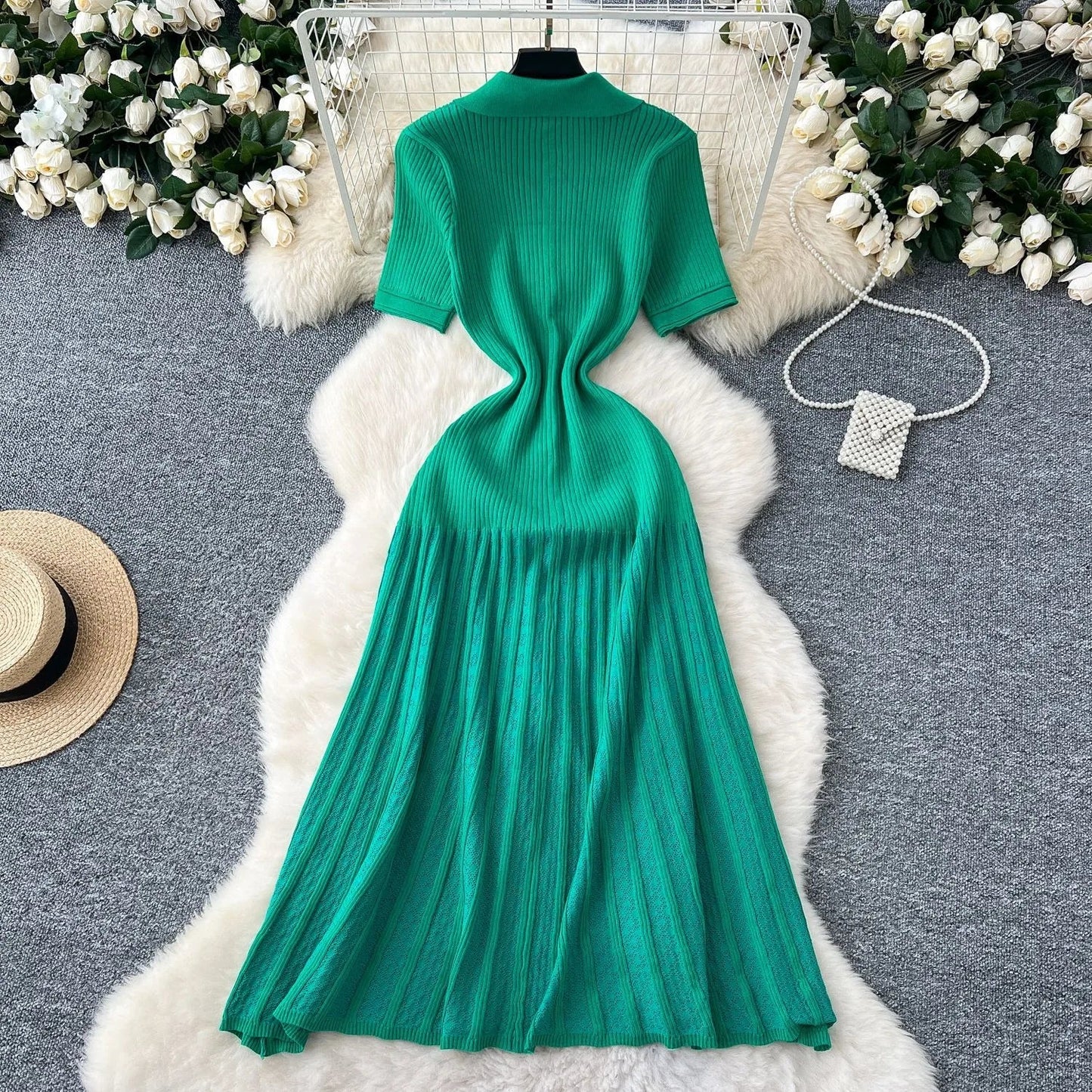 Chic Fashion Elegant Patchwork Knitted Maxi Dress 2025 Summer Lady Turn-down Collar Shirt Sweater Dress Party Vestidos