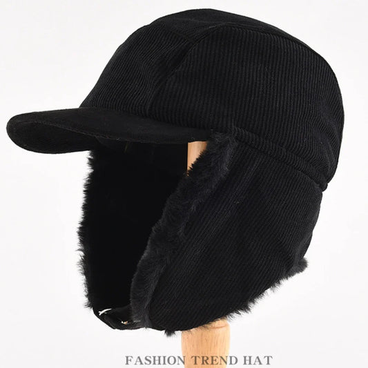 Bomber Hat Soft Fur Lined Winter Hats for Men Women Thick Warm Ski Trapper Earflap Cap Male Female Corduroy Russian Hats