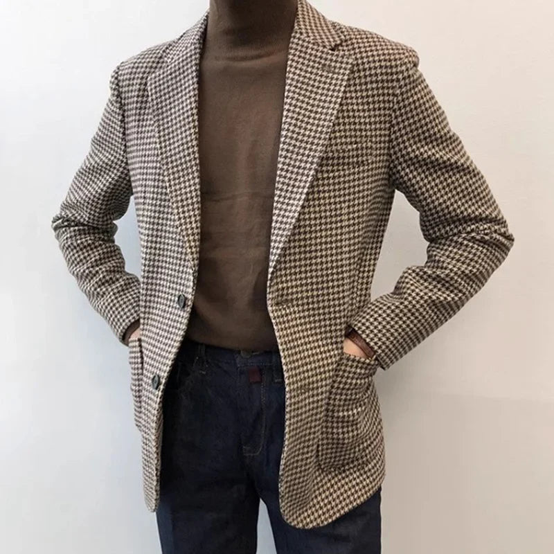 Autumn and Winter Casual Men's Retro Tweed Houndstooth Suit Men's Plus Size Outwear British Gentleman Wool Suit Trendy