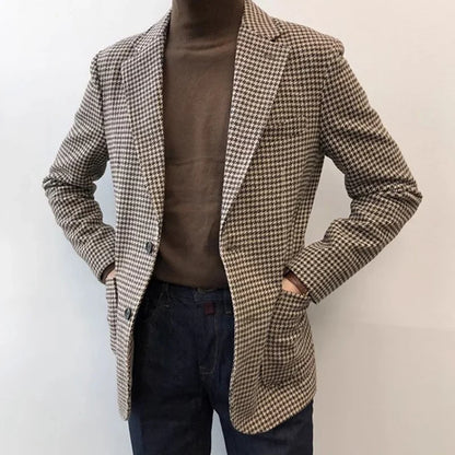Autumn and Winter Casual Men's Retro Tweed Houndstooth Suit Men's Plus Size Outwear British Gentleman Wool Suit Trendy