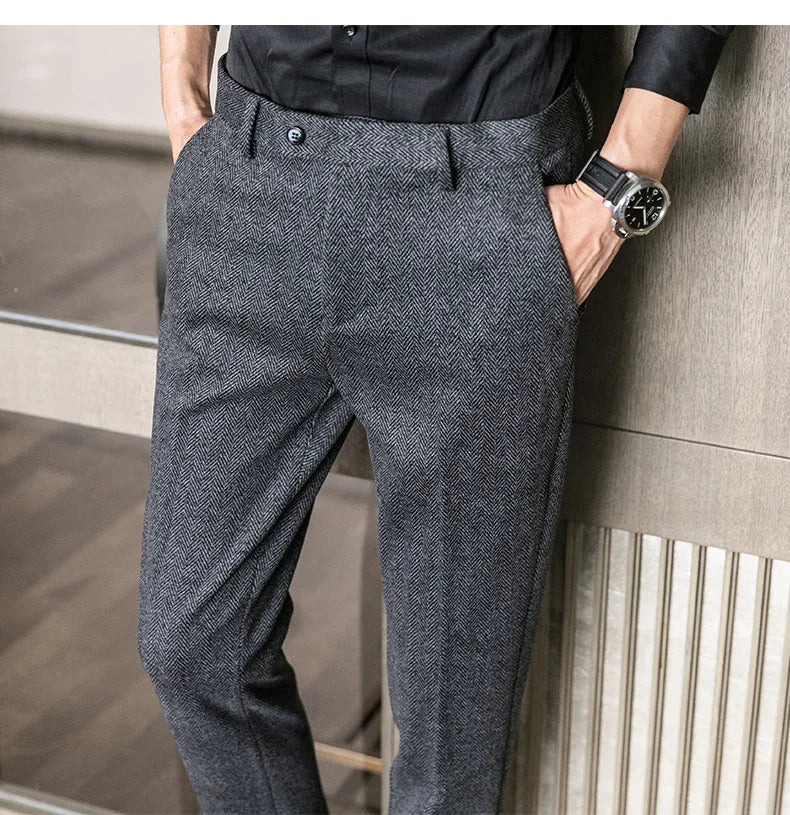 Woolen Dress Pants Formal Office Suit Pants Men Slim British Style Wool Business Black Gray Dress Trousers