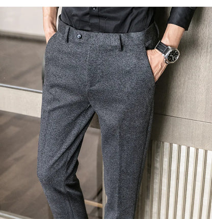Woolen Dress Pants Formal Office Suit Pants Men Slim British Style Wool Business Black Gray Dress Trousers