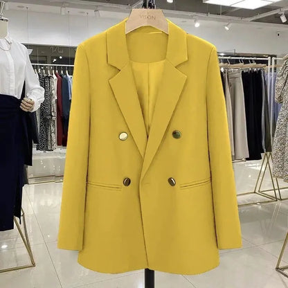 Blazer Woman Autumn Spring Long Sleeve Double Breatsed Lapel Loose Coat Slim Casual Jackets Office Ladies Vintage Blazers