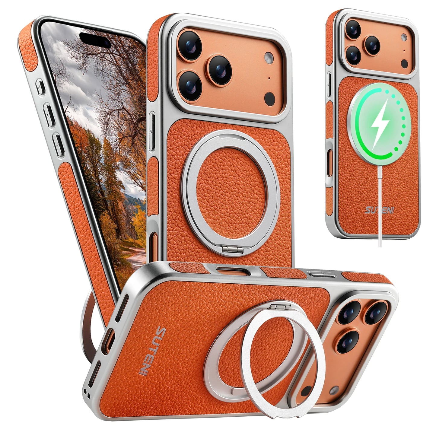 Faux Leather Magnet Wireless Charging Phone Case 360° Rotating Stand Ring Buckle Frosted Feel For iPhone 17 Pro Max 16 15