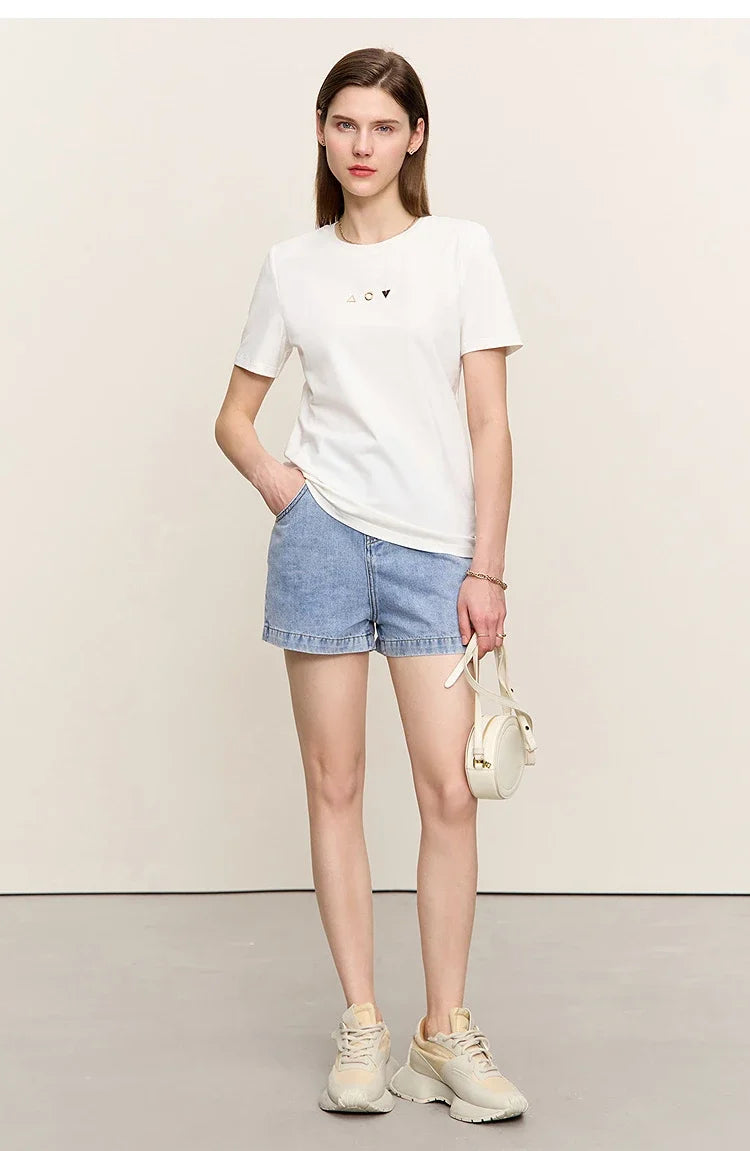 Minimalist T-shirt Women's Tops O-neck Short Sleeves Geometric Decoration Antibacterial Cotton Elastic Casual Tees 12521088