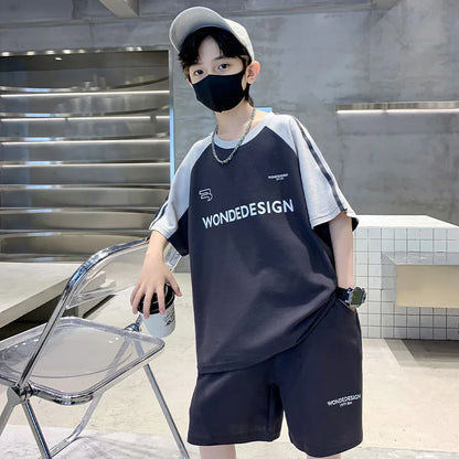 Summer Boys Cotton Loose Contrast Alphabet T-Shirt Tops+Shorts Pant School Kids Tracksuit Child 2PCS Outfit Workout Set 5-16 Yr