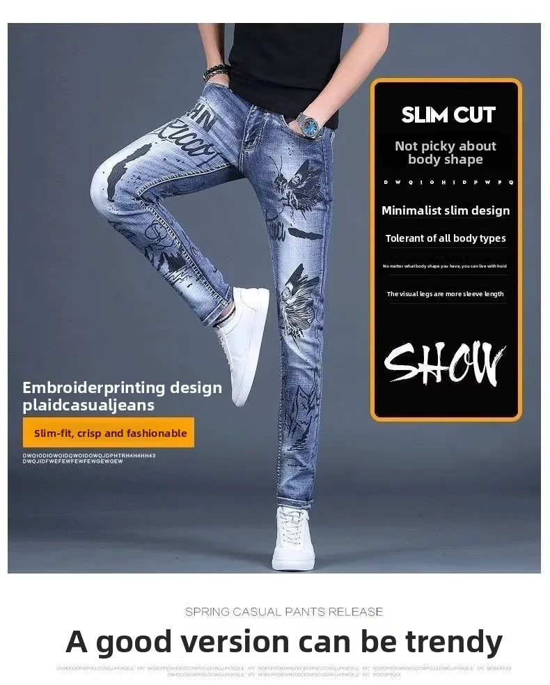 High-End Men's Slim Fit Jeans with Zipper Splicing Elastic Casual Long Trousers Trendy Retro Style Cotton Stretch Denim
