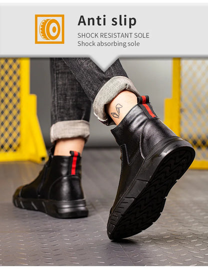 Fashion 2025 Black Leather Safety Work Shoes for Men Indestructible Steel Toe Cap Anti Nail Anti Slip Male Boots Footwear