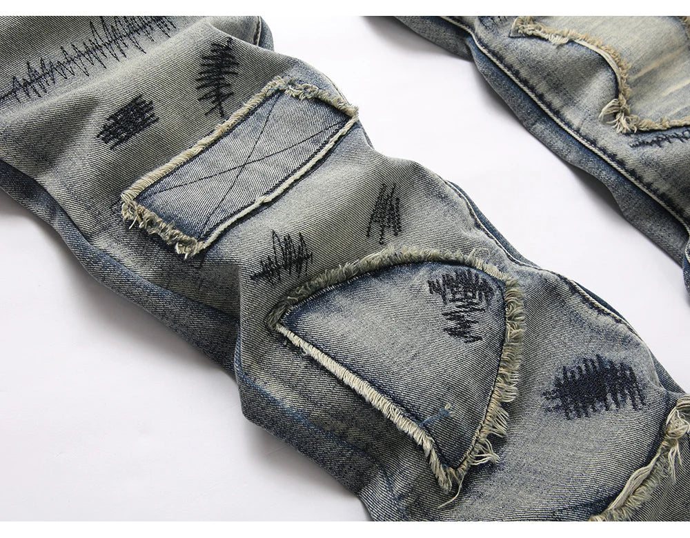Men's Boot Cut Jeans Streetwear Patches Released Hem Pants Vintage Blue Embroidery Patchwork Flared Trousers